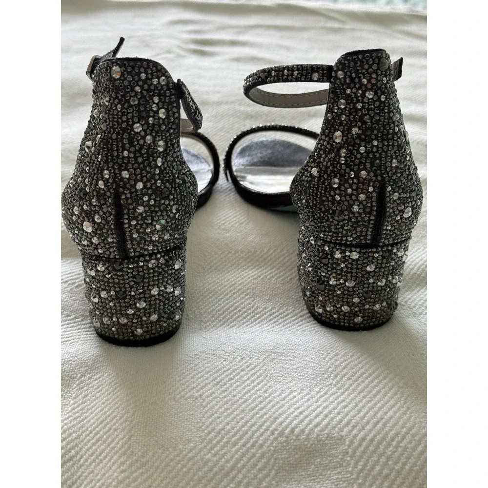 Betsey Johnson Mari Black Heel Sz 6.5 Ankle Strap Sandal Rhinestone Glam